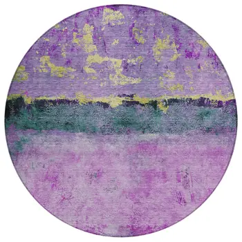 8' Plum And Gold Round Abstract Washable Indoor Outdoor Area Rug