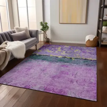 10' X 14' Plum And Gold Abstract Washable Indoor Outdoor Area Rug