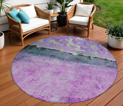 8' Purple And Mint Green Round Abstract Washable Indoor Outdoor Area Rug