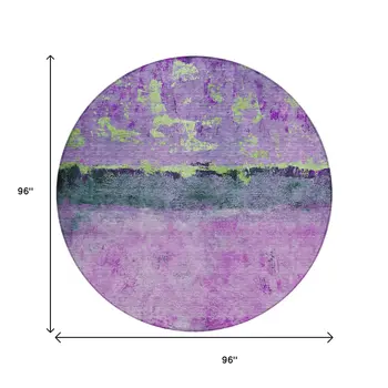 8' Purple And Mint Green Round Abstract Washable Indoor Outdoor Area Rug