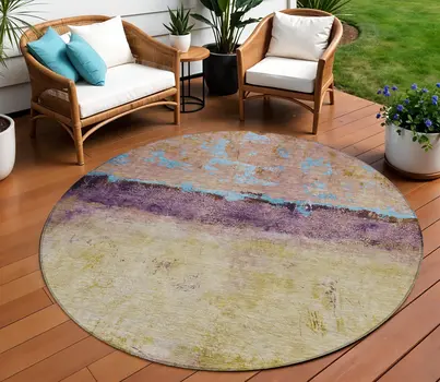8' Salmon And Sky Blue Round Abstract Washable Indoor Outdoor Area Rug