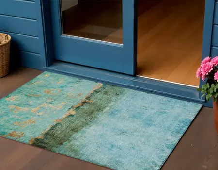 3' X 5' Teal Blue And Gold Abstract Washable Indoor Outdoor Area Rug
