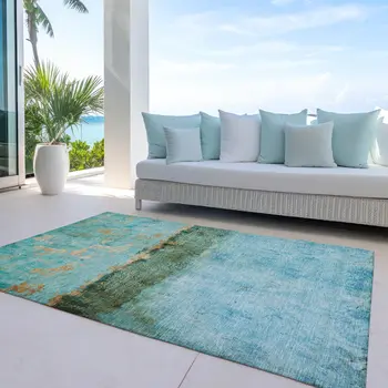 3' X 5' Teal Blue And Gold Abstract Washable Indoor Outdoor Area Rug