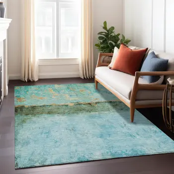 5' X 8' Teal Blue And Gold Abstract Washable Indoor Outdoor Area Rug