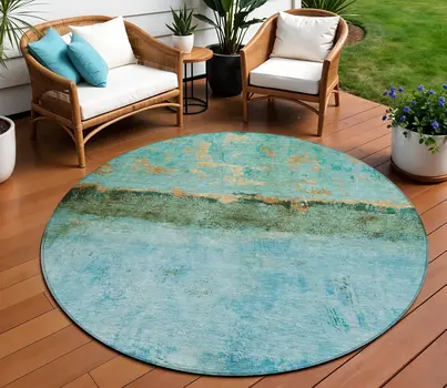 8' Teal Blue And Gold Round Abstract Washable Indoor Outdoor Area Rug