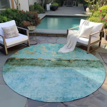 8' Teal Blue And Gold Round Abstract Washable Indoor Outdoor Area Rug
