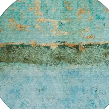 8' Teal Blue And Gold Round Abstract Washable Indoor Outdoor Area Rug