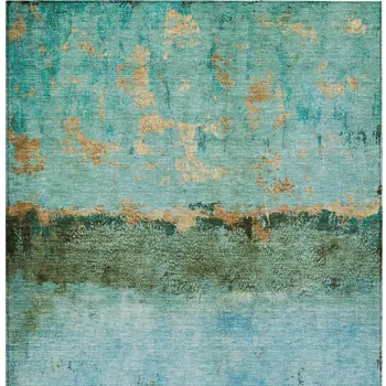 10' X 14' Teal Blue And Gold Abstract Washable Indoor Outdoor Area Rug