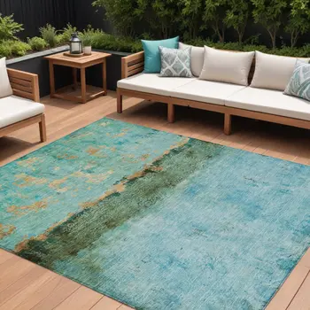 10' X 14' Teal Blue And Gold Abstract Washable Indoor Outdoor Area Rug