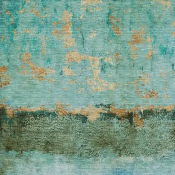 10' X 14' Teal Blue And Gold Abstract Washable Indoor Outdoor Area Rug