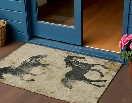 3' X 5' Beige And Charcoal Horse Washable Indoor Outdoor Area Rug