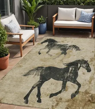 5' X 8' Beige And Charcoal Horse Washable Indoor Outdoor Area Rug