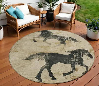 8' Beige And Charcoal Round Horse Washable Indoor Outdoor Area Rug