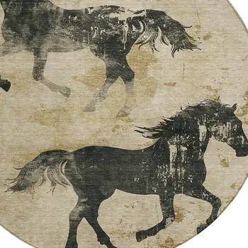 8' Beige And Charcoal Round Horse Washable Indoor Outdoor Area Rug