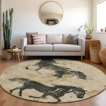 8' Beige And Charcoal Round Horse Washable Indoor Outdoor Area Rug