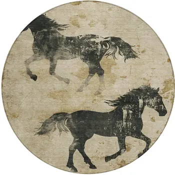 8' Beige And Charcoal Round Horse Washable Indoor Outdoor Area Rug