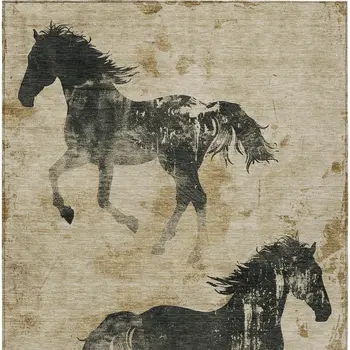 8' X 10' Beige And Charcoal Horse Washable Indoor Outdoor Area Rug