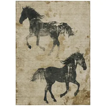 9' X 12' Beige And Charcoal Horse Washable Indoor Outdoor Area Rug
