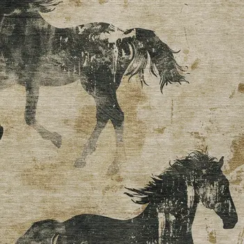 10' X 14' Beige And Charcoal Horse Washable Indoor Outdoor Area Rug