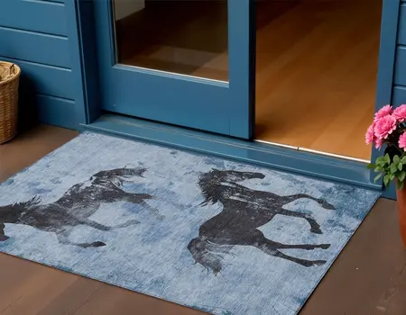 3' X 5' Denim Blue And Charcoal Horse Washable Indoor Outdoor Area Rug