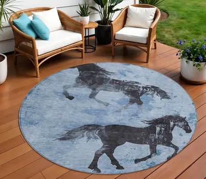 8' Denim Blue And Charcoal Round Horse Washable Indoor Outdoor Area Rug