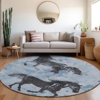 8' Denim Blue And Charcoal Round Horse Washable Indoor Outdoor Area Rug