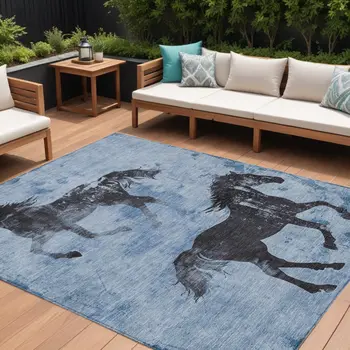 8' X 10' Denim Blue And Charcoal Horse Washable Indoor Outdoor Area Rug