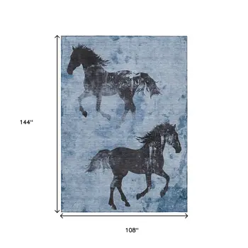 9' X 12' Denim Blue And Charcoal Horse Washable Indoor Outdoor Area Rug