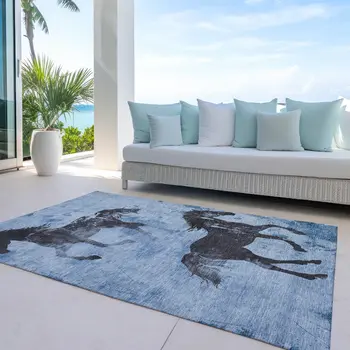9' X 12' Denim Blue And Charcoal Horse Washable Indoor Outdoor Area Rug