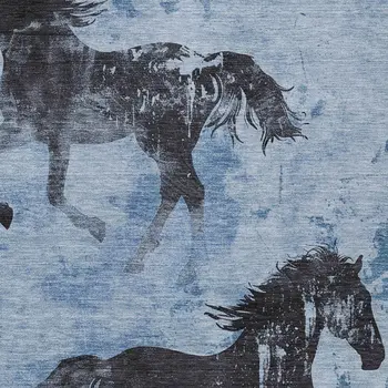 9' X 12' Denim Blue And Charcoal Horse Washable Indoor Outdoor Area Rug