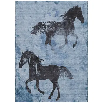 10' X 14' Denim Blue And Charcoal Horse Washable Indoor Outdoor Area Rug