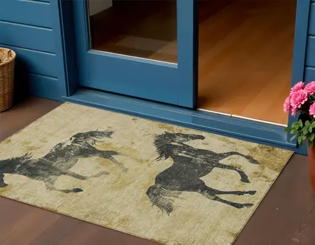 3' X 5' Gold And Charcoal Horse Washable Indoor Outdoor Area Rug