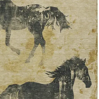3' X 5' Gold And Charcoal Horse Washable Indoor Outdoor Area Rug
