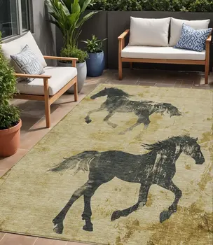 5' X 8' Gold And Charcoal Horse Washable Indoor Outdoor Area Rug