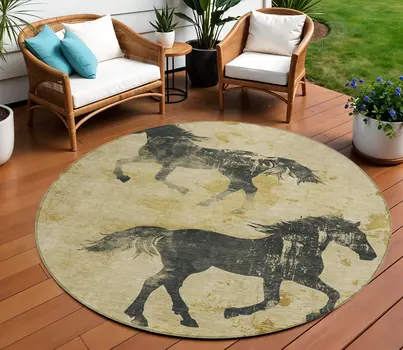 8' Gold And Charcoal Round Horse Washable Indoor Outdoor Area Rug