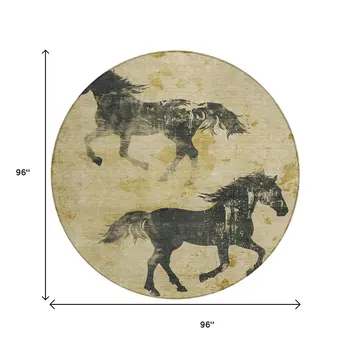 8' Gold And Charcoal Round Horse Washable Indoor Outdoor Area Rug