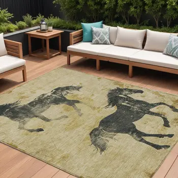 8' X 10' Gold And Charcoal Horse Washable Indoor Outdoor Area Rug
