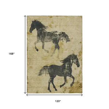 10' X 14' Gold And Charcoal Horse Washable Indoor Outdoor Area Rug
