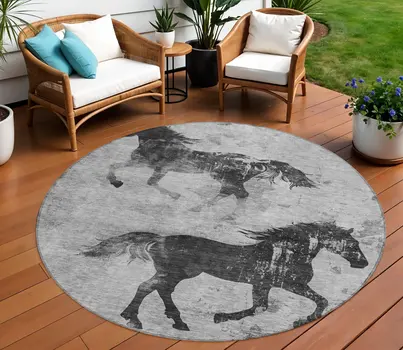 8' Gray And Charcoal Round Horse Washable Indoor Outdoor Area Rug