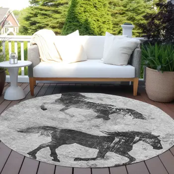 8' Gray And Charcoal Round Horse Washable Indoor Outdoor Area Rug