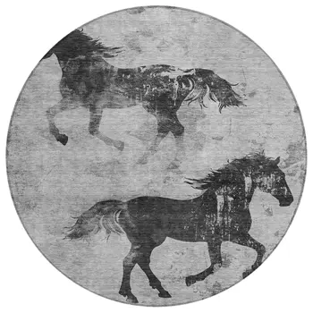 8' Gray And Charcoal Round Horse Washable Indoor Outdoor Area Rug