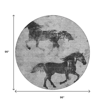8' Gray And Charcoal Round Horse Washable Indoor Outdoor Area Rug