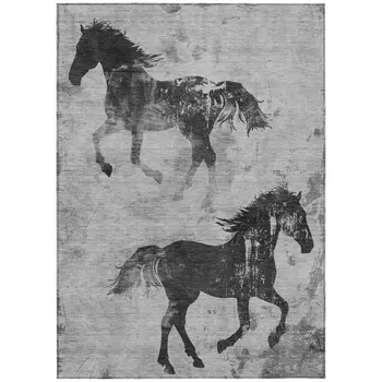 9' X 12' Gray And Charcoal Horse Washable Indoor Outdoor Area Rug