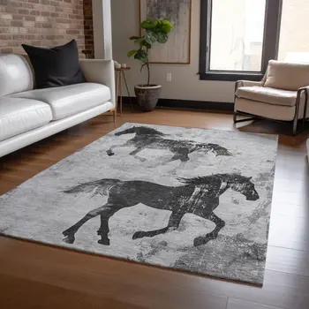 9' X 12' Gray And Charcoal Horse Washable Indoor Outdoor Area Rug