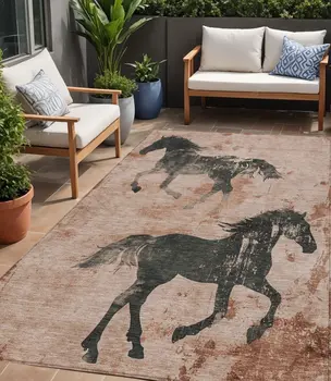 5' X 8' Rust And Charcoal Horse Washable Indoor Outdoor Area Rug