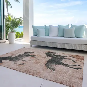 5' X 8' Rust And Charcoal Horse Washable Indoor Outdoor Area Rug