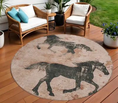 8' Rust And Charcoal Round Horse Washable Indoor Outdoor Area Rug