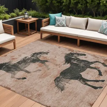 9' X 12' Rust And Charcoal Horse Washable Indoor Outdoor Area Rug
