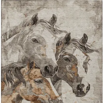 3' X 5' Beige And Gray Horse Washable Indoor Outdoor Area Rug