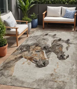 5' X 8' Beige And Gray Horse Washable Indoor Outdoor Area Rug